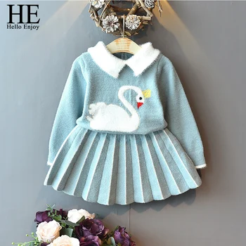

HE Hello Enjoy Autumn Winter Kids Clothing Set For Girls Turn-down Collar Printed Sweater With Short Skirt Knitted Warm Clothes