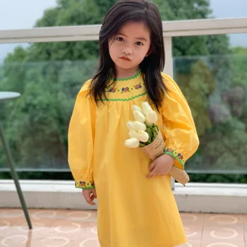 

Baby dress embroidered floral yellow color girls dresses autumn long sleeve girls dresses