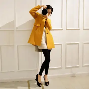 

New 2019 Spring Autumn Plus Size Wool Coat Women Loose A-aline Long Sleeved O-neck Medium Long Black Yellow Korean Coat