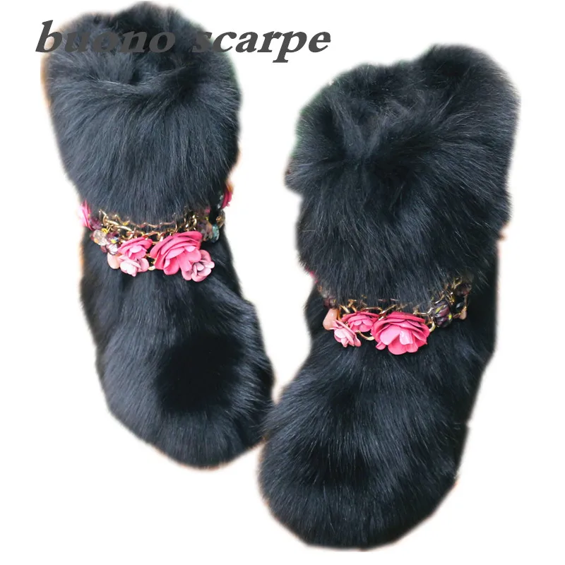 New fox fur metal chain ladies fur increased high and medium tube female T platform snow boots