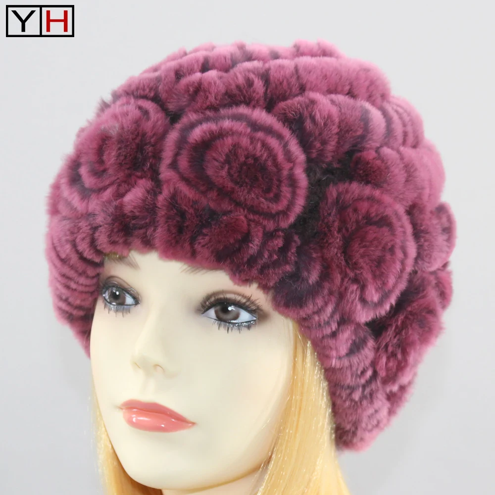 Зимний Настоящий мех кролика вязанная шапка женская теплая шапка из натурального меха кролика Рекс женская Мода Настоящий мех кролика шапки
