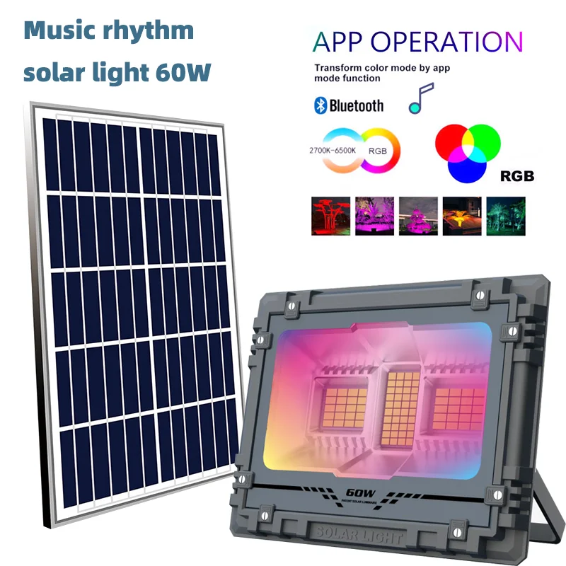 60W Music Solar Power Panel Light Flood Dimmable Remote Controller Buletooth Garden Wall Outdoor rhythm solar Lights | Лампы и