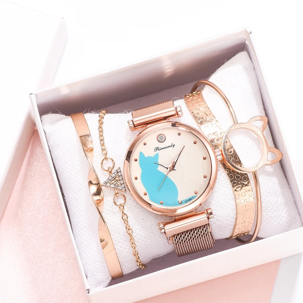 Fashion Watch Set Women 5pcs Quartz Wristwatch Mesh Bracelet Cat Dial Luxury Woman Watch Casual Ladies Clock Relogio Femenino