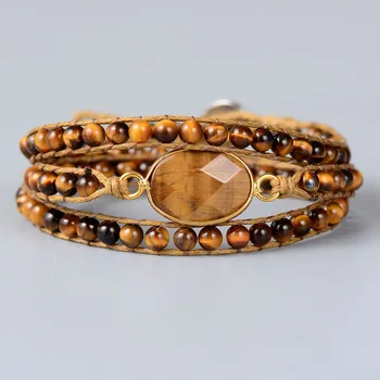 Unique Tiger Eye with Natural Stone Charm 3 Strands Wrap Bracelets Handmade Bohemian Weaving Cuff Bracelet Dropshipping