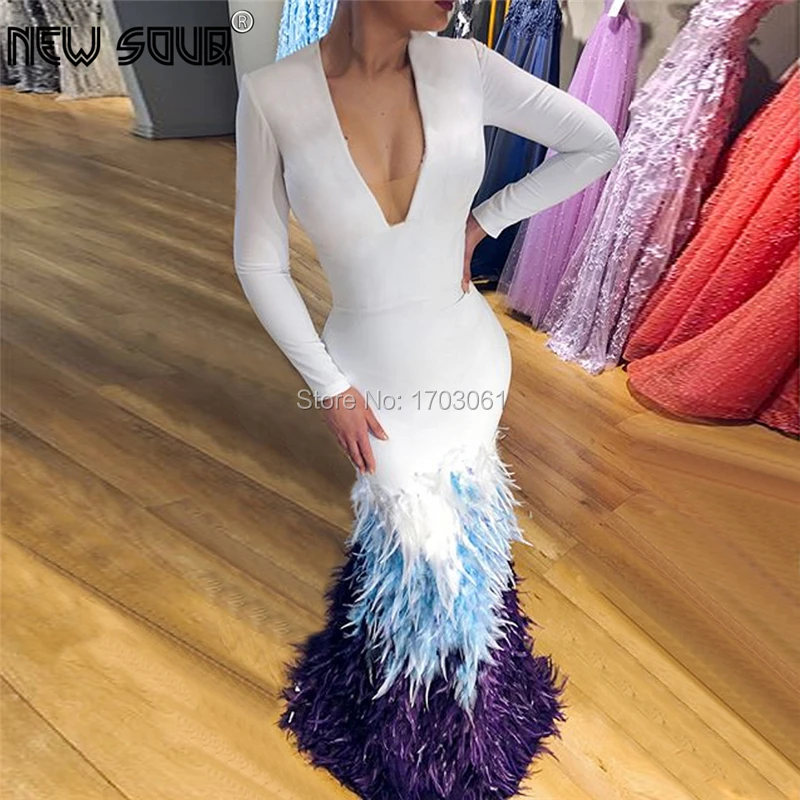 

Deep V Neck Feathers Formal Gown Evening Dresses For Middle East 2019 Muslim Dubai Prom Dress Robe De Soiree Handmade Kaftans