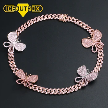 

Romantic Pink Cubic Zirconia Pave Bling Ice Out Butterfly Pendants Necklace Tennis Cuban Chain For Women 16inch Hip Hop Jewelry