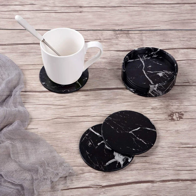 Coasters for Drinks 6-Piece with Holder,Marble Black Round Cup Mat Pad Set Of Home and Kitchen Use-ABUX