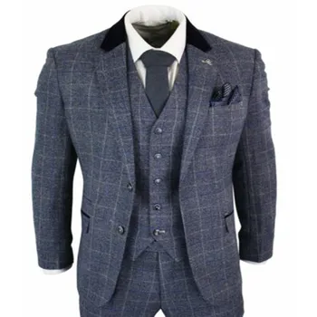 

2020 Handsome Mens Suits Blue Navy 3 Piece Tweed Suit Herringbone Vintage Peaky Blinders Retro Costume Homme