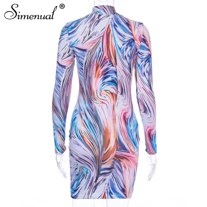 Simenual Fashion Printed Bodycon Women Mini Dress Party Sexy Skinny Clubwear Long Sleeve 2020 Spring Dresses Basic Slim Female