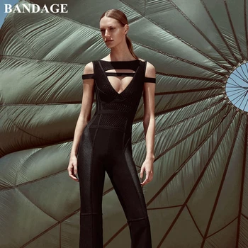 

BANDAGE Bandage Jumpsuits Women Black Bodycon Boot Cut Jumpsuits Sexy Hollow Out Club Party Wear Rayon Bodysuit Long Romper HL