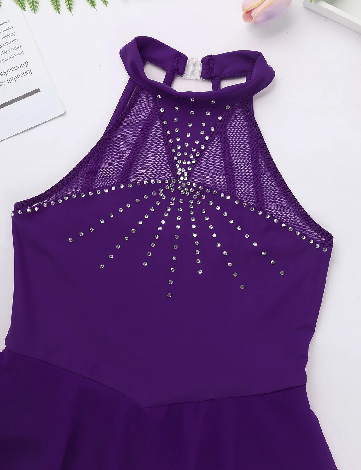 Kids Girls Gymnastics Figure Skating Dress Halter Rhinestone Mesh Splice Ice Skating Dance Costumes Ballet Dance Leotard Dress