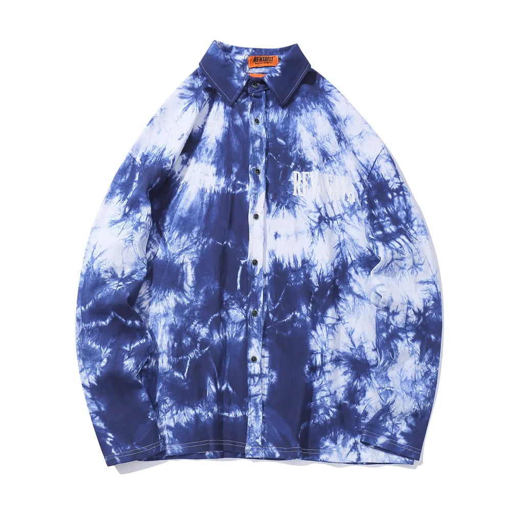OSCN7 Casual Printed Long Sleeve Shirt Men High High Streetwear Fall Women Shirt Retro Shirts Harujuku Mens Shirt 812 - Цвет: Синий
