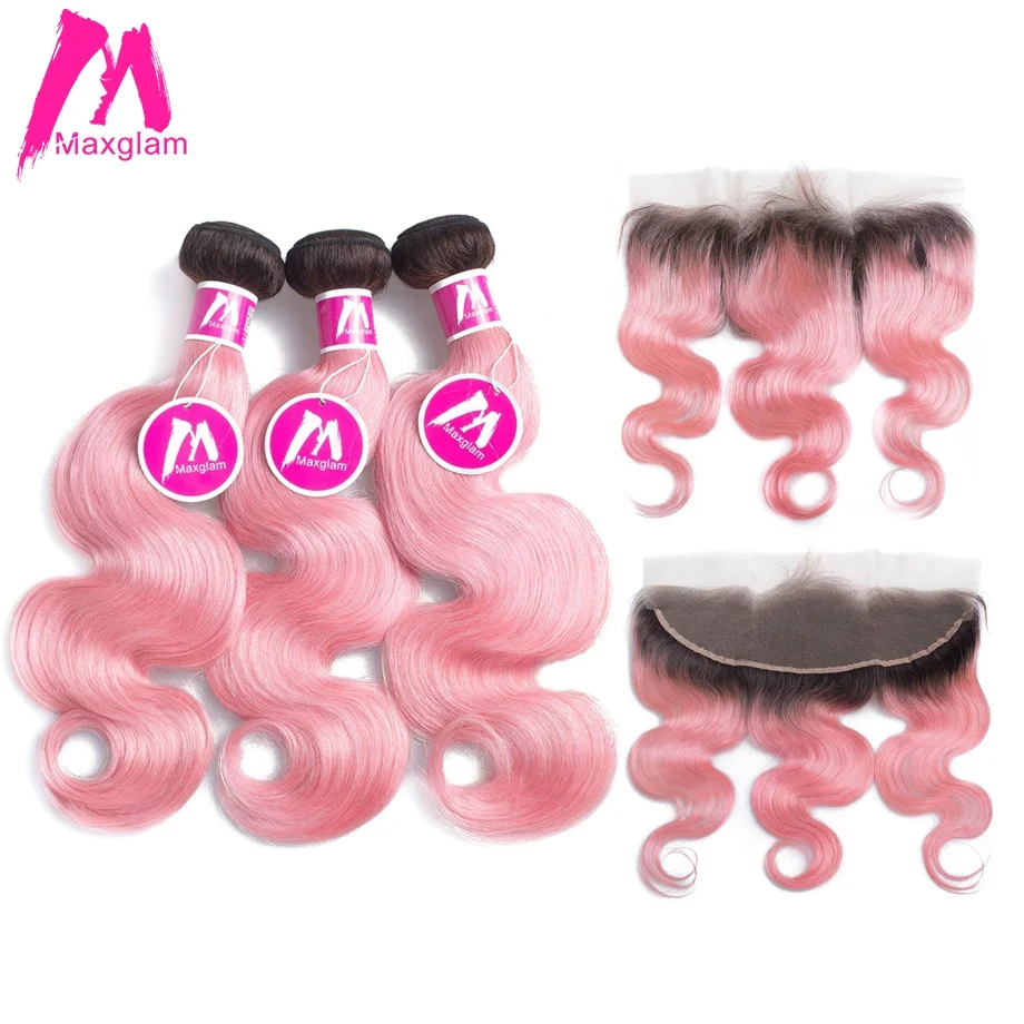 Maxglam Ombre 1b/розовые пучки волос с фронтальной бразильской волнистой Remy человеческие волосы переплетения пучки с фронтальной чехол