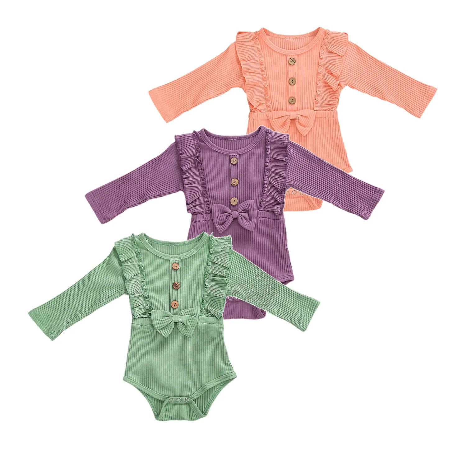 

2020 New Fall Autumn Newborn Baby Girls Ruffled Bowknot Bodysuit Button Decorate Long Sleeve Solid Color Clothes