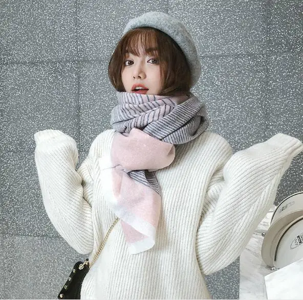

Autumn and winter new stitching short whisker imitation cashmere scarf female thickening warm shawl striped scarf gift preferred
