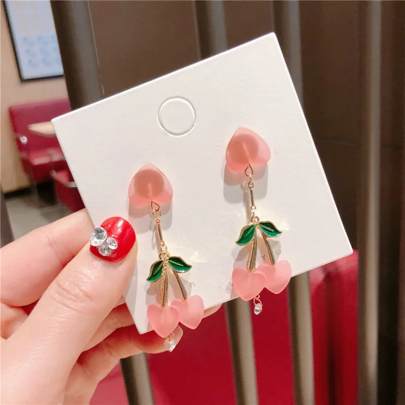 

2019 New Korea Style Silver Needle Cute Pink Jelly Heart Cherry Drop Earrings for Girl Women Fashion Jewelry Accessories