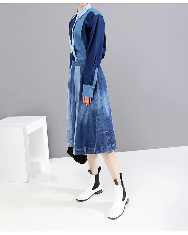 [EAM] джинсовая юбка с высокой эластичной резинкой на талии контрастного синего цвета, женская мода, новая весенняя Осенняя коллекция, 1D512
