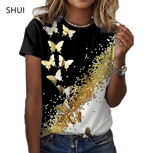 2021 New Butterfly Lady T-shirt 3D Floral Print Round Neck Casual Niche Design Sense Clothing Female Animal Series Short Sleeve YTR-5