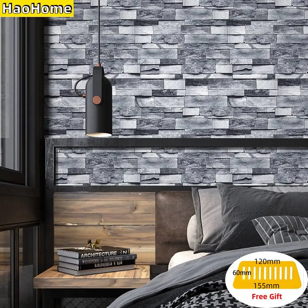 HaoHome Vintage Gray Brick Wallpaper Self Adhesive Stone Peel and Stick Wallpaper Brick Faux Textured Wallpaper Stone Stickers