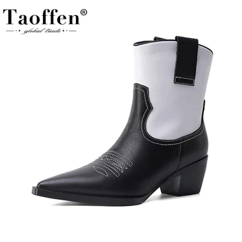 

TAOFFEN Genuine Leather Women Boots Sexy Pointed Toe Thick Heel Winter Shoes Woman Warm Short Boot Office Footwear Size 34-40