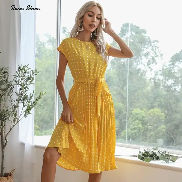 2021 New Summer Polka Dots Sleeveless Pleated Dresses For Women High Waist Midi Elegant Office Green Lady Dinner Party Clothes 4