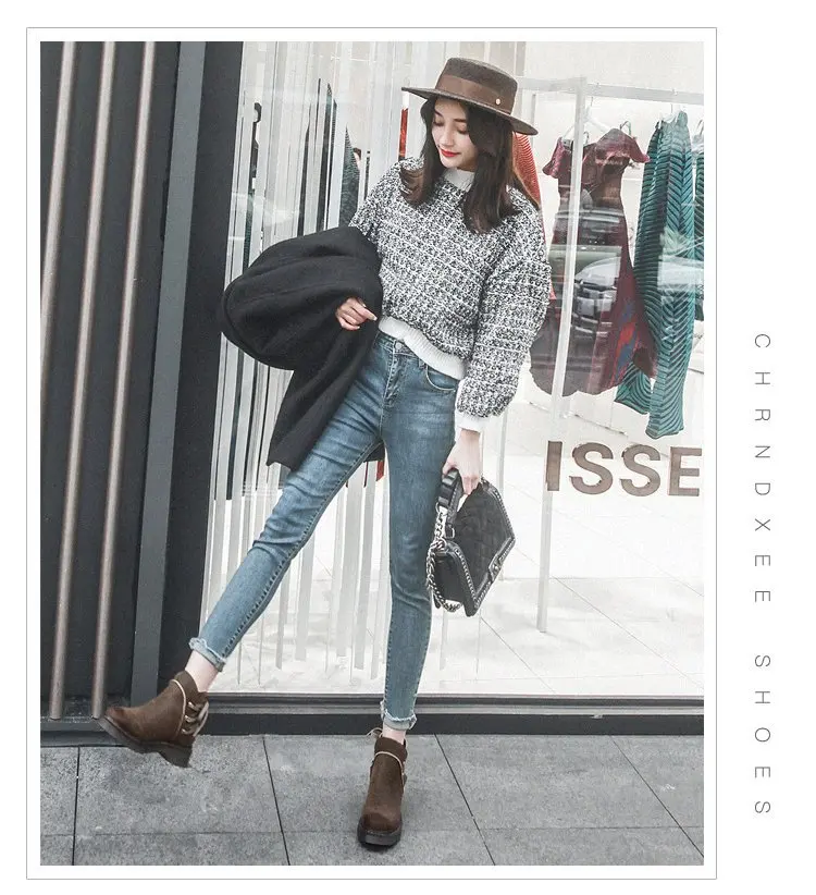 

Casual Solid Chelsea Boots Women Flat with Round Toe Ankle Boots Lace-up Platform Winter Ladies Shoes