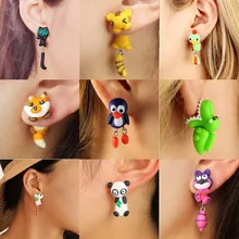 Милые серьги-гвоздики с объемным рисунком кота собаки кролика льва цветка лисы пингвина животных Fimo серьги для женщин и детей