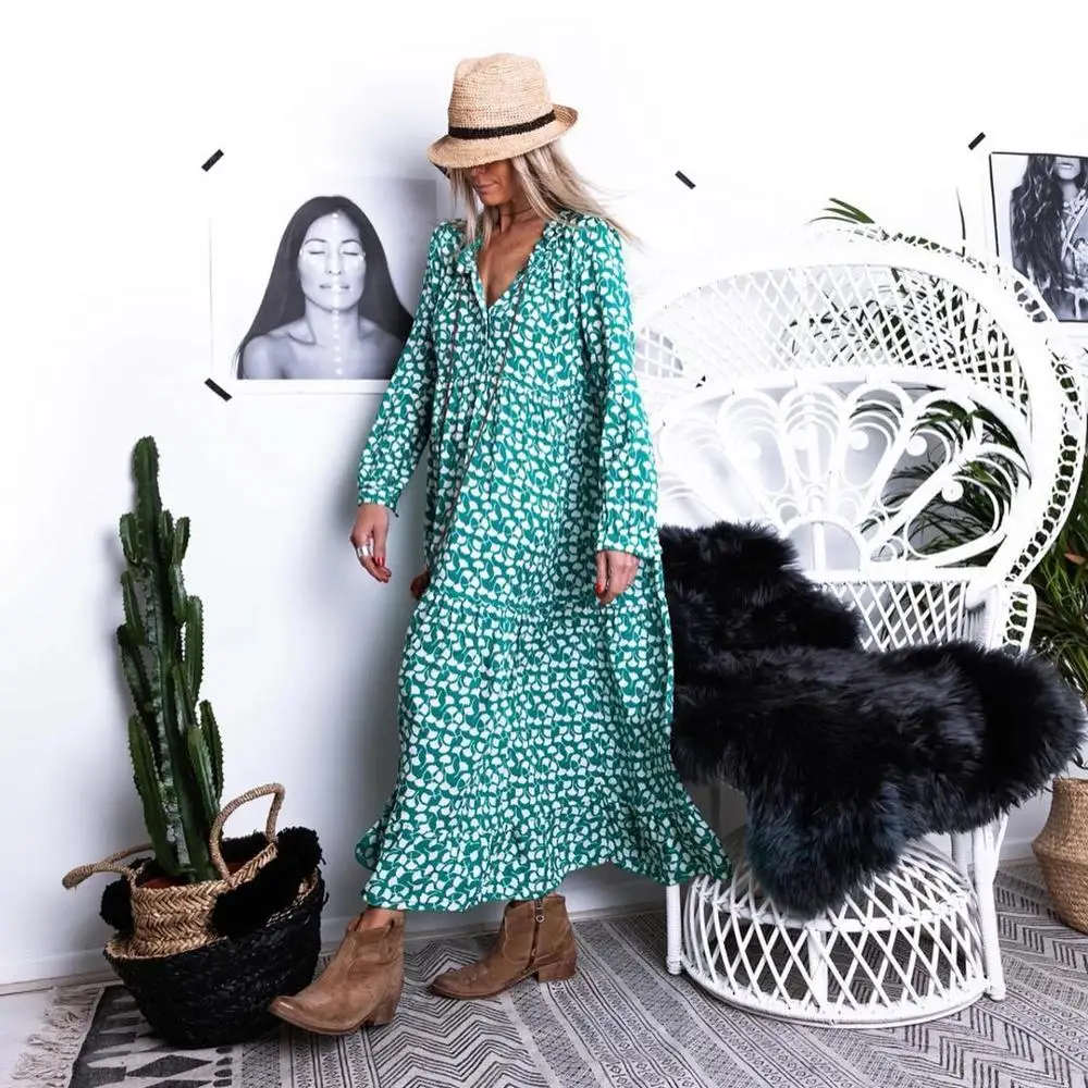 

Women Loose Print Autumn Winter Dress Long Sleeve V-neck Sweater Bottom Dresses