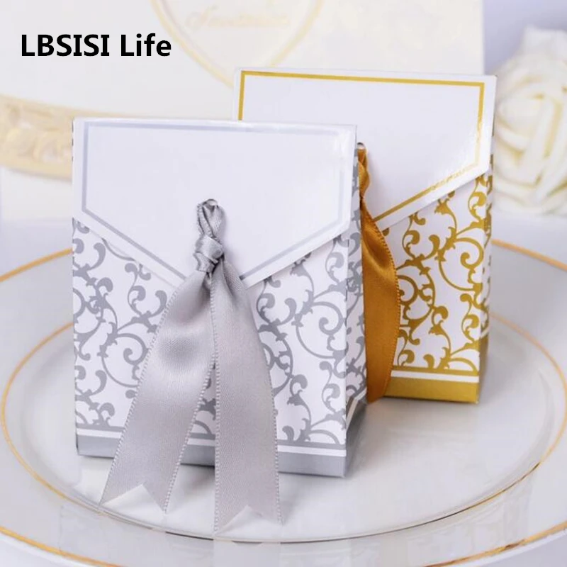 

100pcs Creative Golden Silver Paper Bags With Gold Ribbon Wedding Favours Party Gift Candy Paper Box