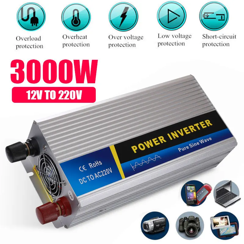 

DC 12V To AC 220V Pure Sine Wave Inverter Automobile Converter Power Inverter Grid LED Display Charger 3000W Car Converter