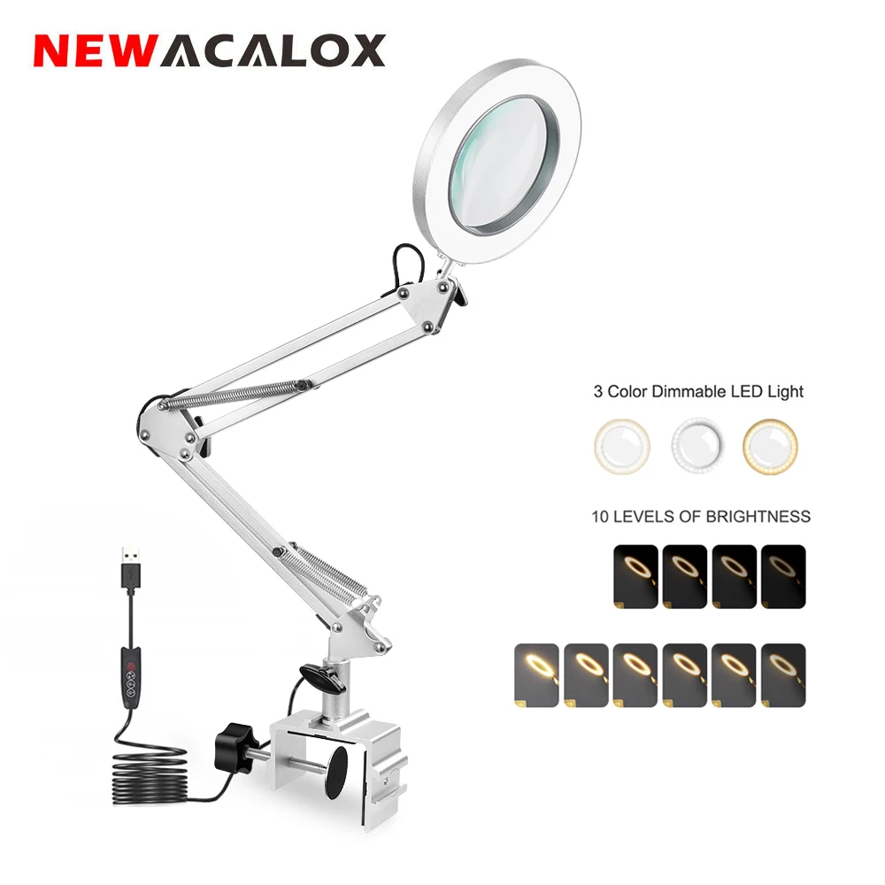 

NEWACALOX Welding Magnifying Glass 5X Third Hand Magnifier 3 Colors LED Light Reading Lamp Desk Clip Beauty Lamp Soldering Tool