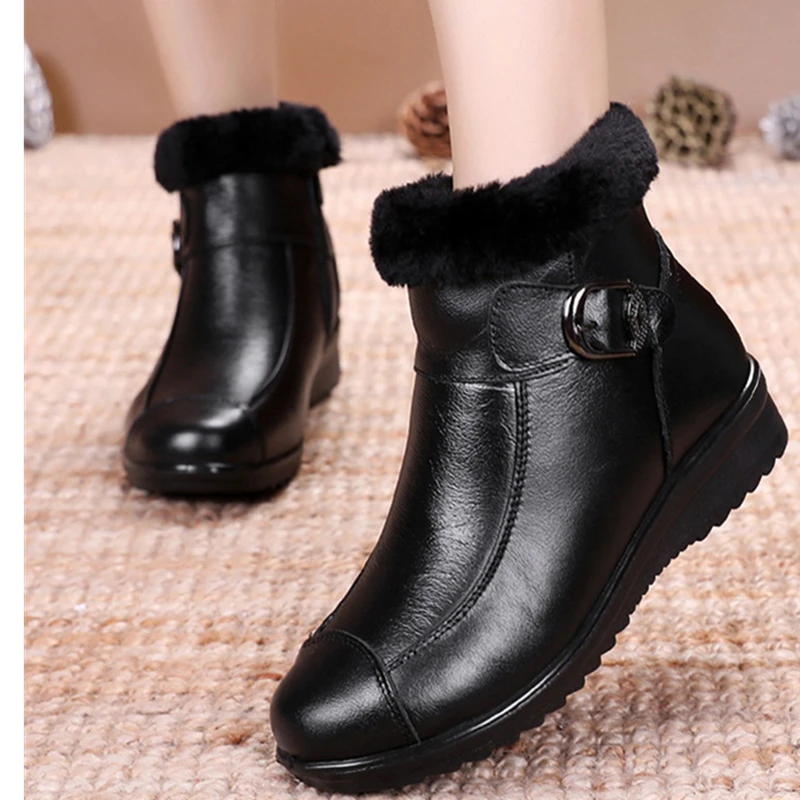 

Women Ankle Snow Boots Heel Plush Zipper Wedge Genuine Split Leather Black Round Toe Mother Platform Ladies Shoes Botas Mujer