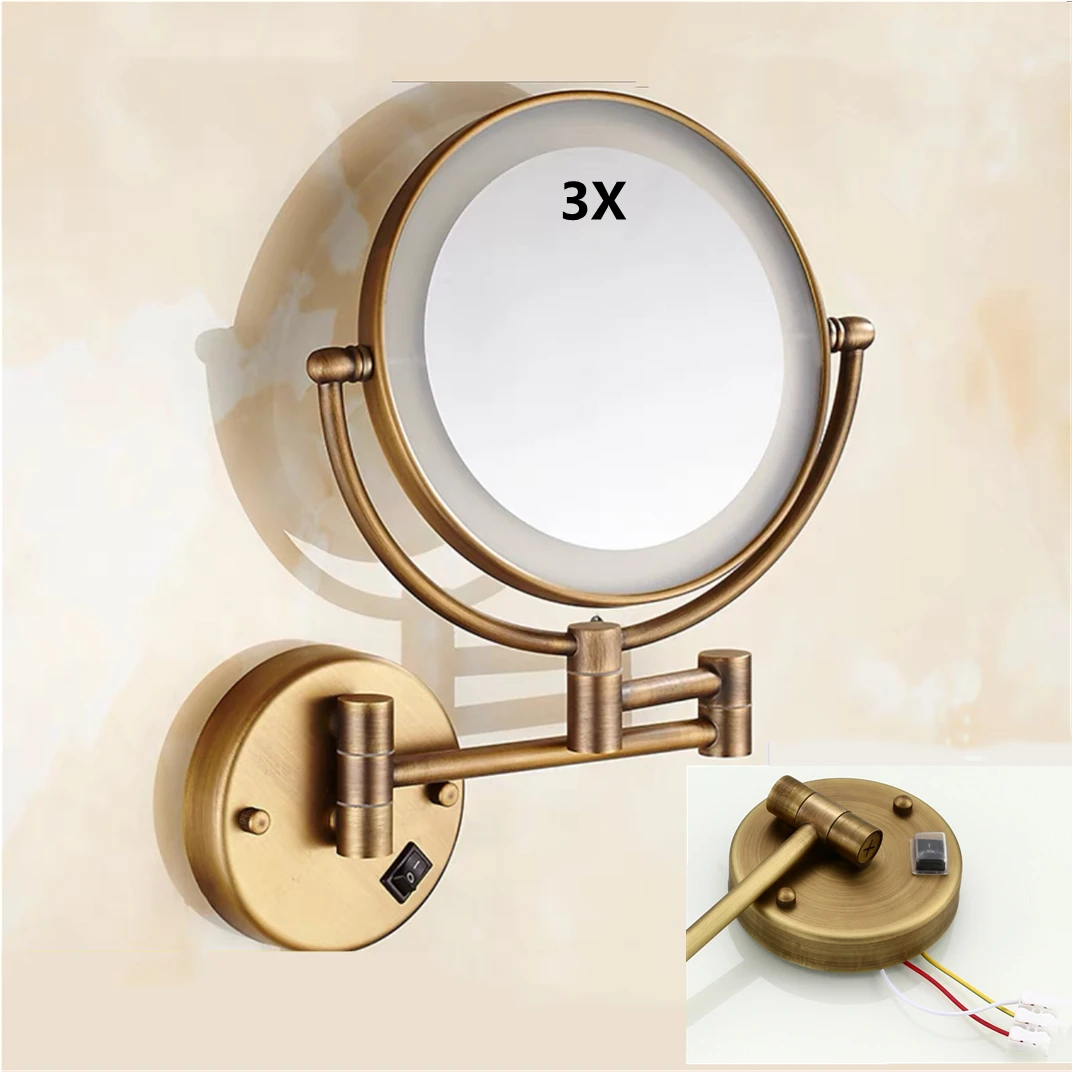Cosmetic Mirror Antique Brass Dual Side LED Wall Lamp Magnification 3 X/5 X/10 X Extending Folding Brushed Gold Makeup Mirrors 2