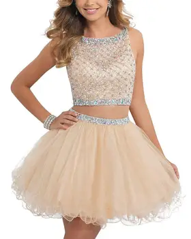 

A Line Short Two Pieces Beading Crystals Sequines Scoop Neck Sleeveless Prom Dresses Formal Dresses