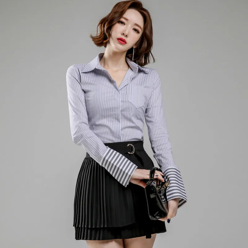 

Autumn Long Sleeve Office Striped Blouse Black Pleated Mini Skirt Two Piece Work Suit Dress