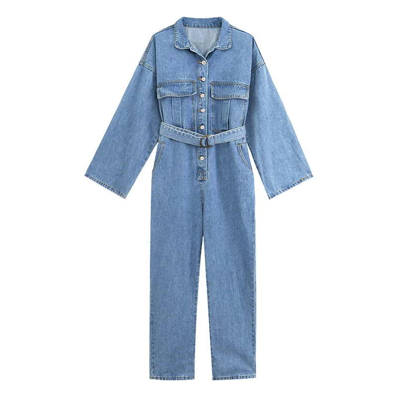 PERHAPS U Blue Denim Jeans Turn Down Collar Full Sleeve Long Jumpsuit Sash Casual High Street Women J0022 |