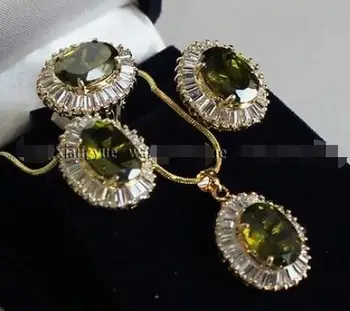 

Free Shipping new hot fine gem Inlay Peridot Earrings/Ring/ Necklace Pendant Set AAA