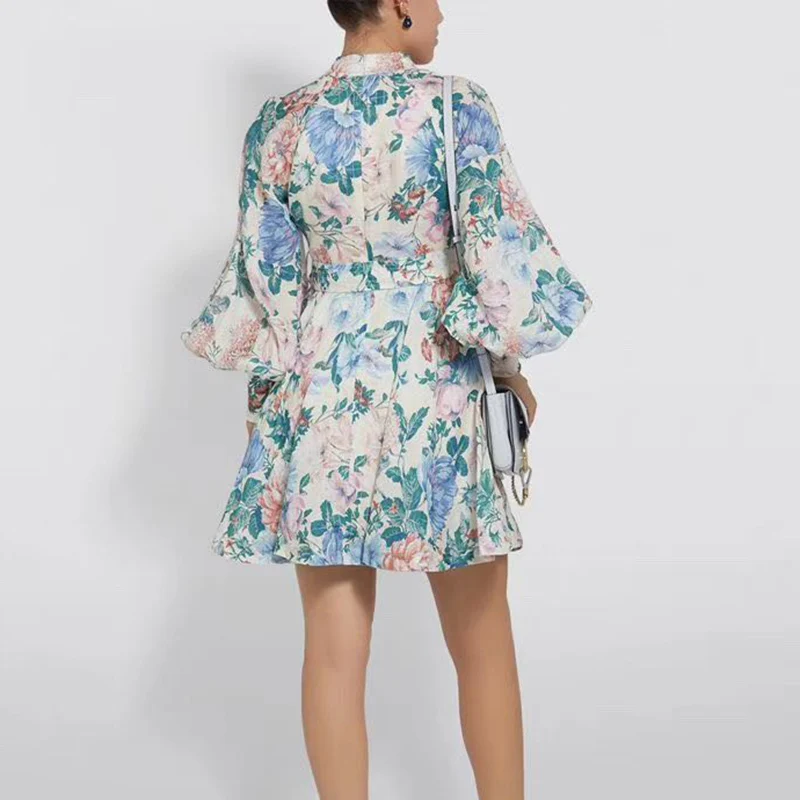 [LIVIVIO] женское богемное платье с цветочным принтом, с длинным рукавом, стоячим воротником, мини-платья, женские осенние модные новые