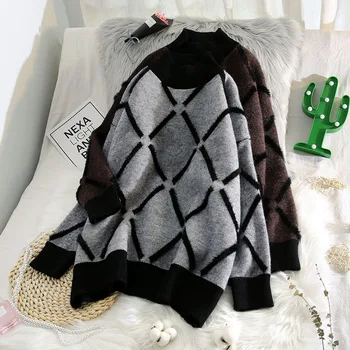 

plaid knitted women sweater and pullovers lantern sleeved lady elegant pulls all match fashion outwear coat tops