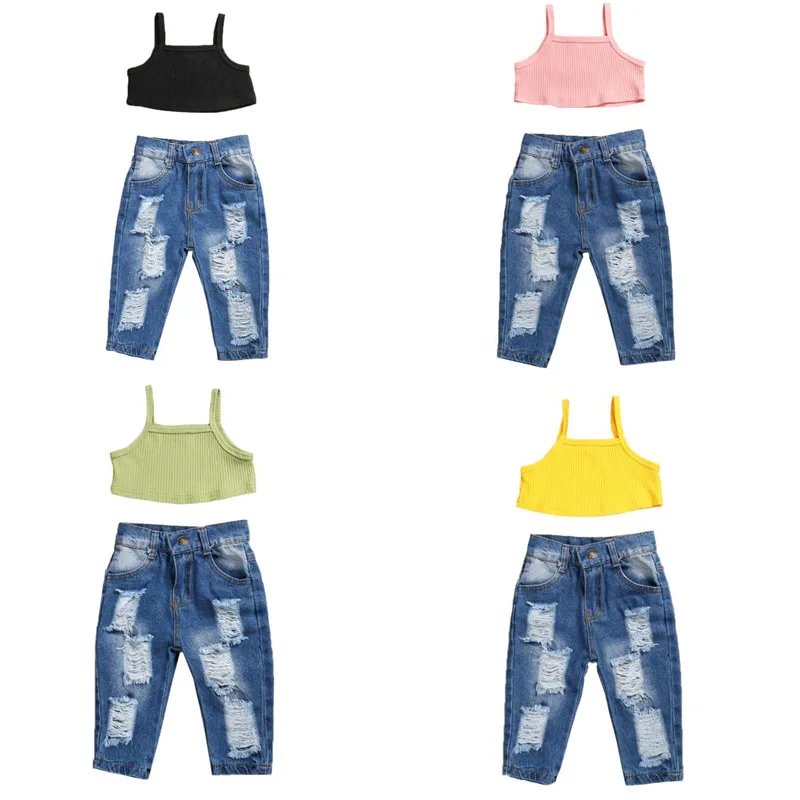 1-5Y Summer Kids Baby Girls Outfit Sets 2Pcs Solid Sleeveless Sling Camis Ribbed Crop Top Ripped Jeans Pants Fashion Girl Sets kids clothing set girls clothing set