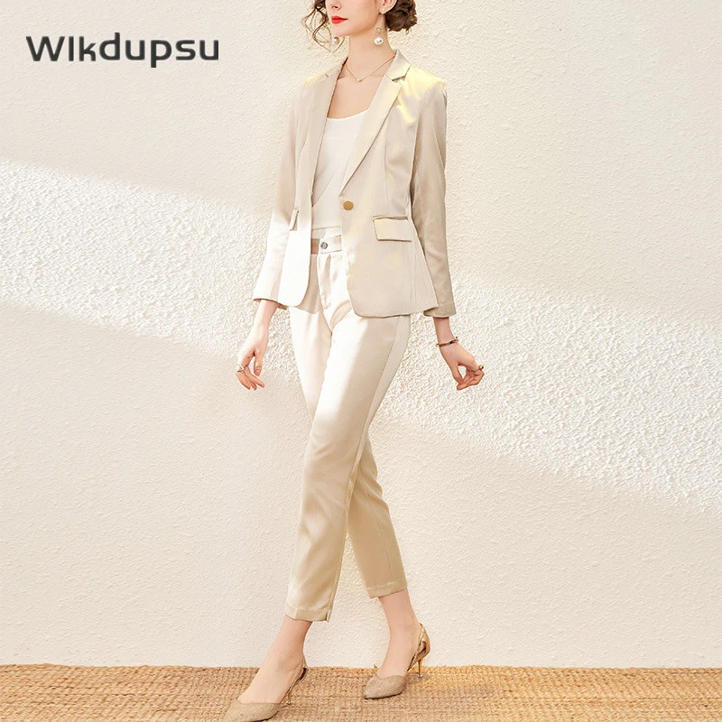 Blazer de satén para mujer, ropa oficina, Formal, coreano, traje profesional de dos piezas, talla de pantalón| - AliExpress