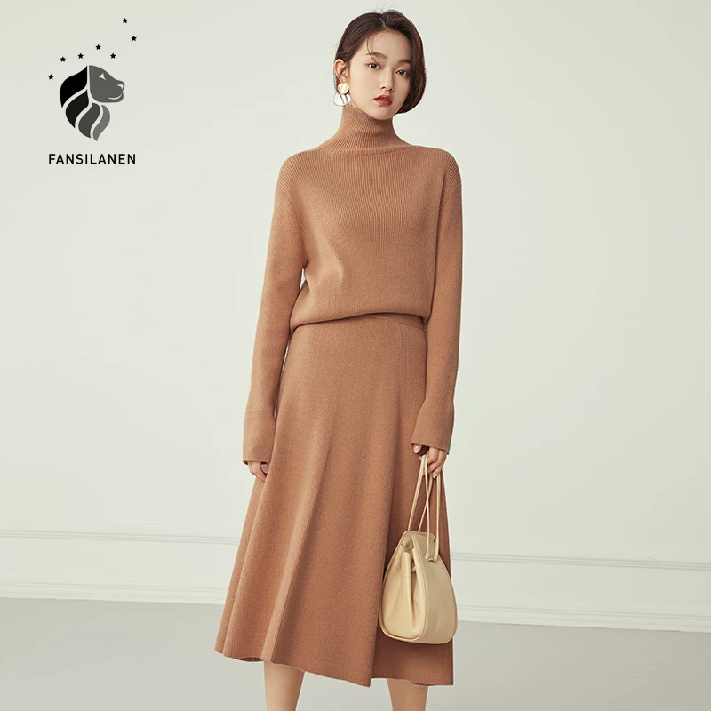 

FANSILANEN Two pieces women knitted sweater dress suit Autumn winter turtleneck elegant long dress Cashmere office vintage dress