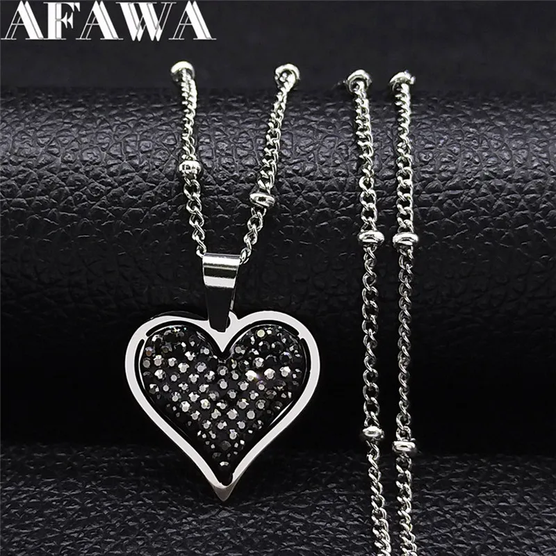 Heart Black Crystal Stainless Steel Pendant Necklace Women Silver Color - Image 2