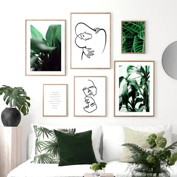 

Green Plant Leaf Abstract Hug Line Face Wall Art Canvas Painting Nordic Posters And Prints Wall Pictures For Living Room Decor