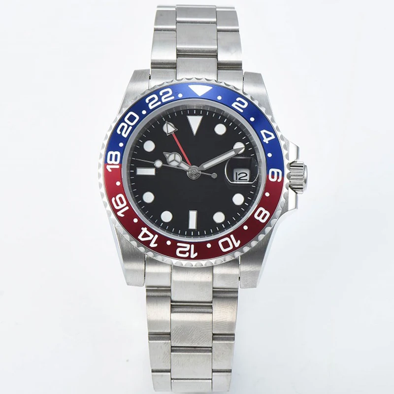 

40mm Men's Automatic Mechanical Watch Black Sterile Dial Sapphire Crystal Blue red Ceramic Bezel Date Waterproof GMT Watch