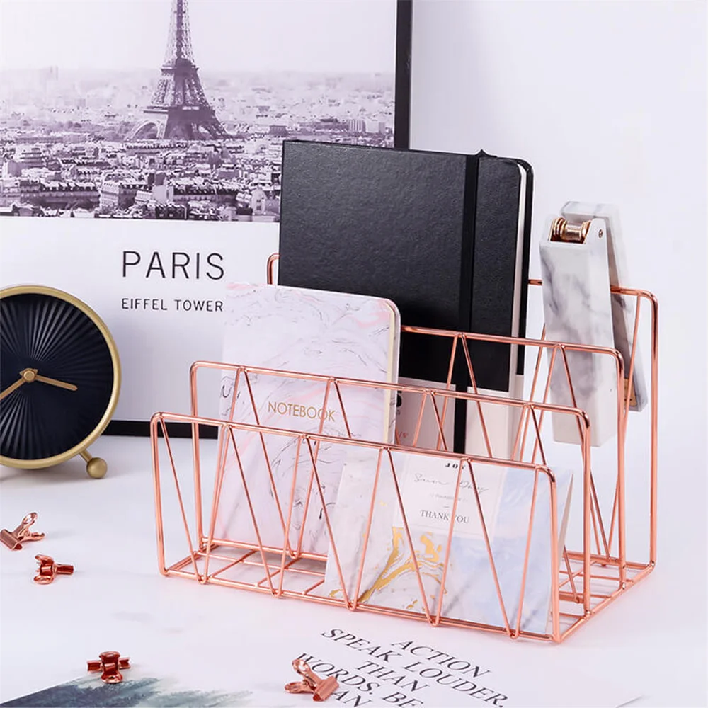 

Rose Gold Shelf Bookstand Book End Gold Metal Magazine Organizer Office Table Storage Holder Simple Wrought Iron Newspaper Rack