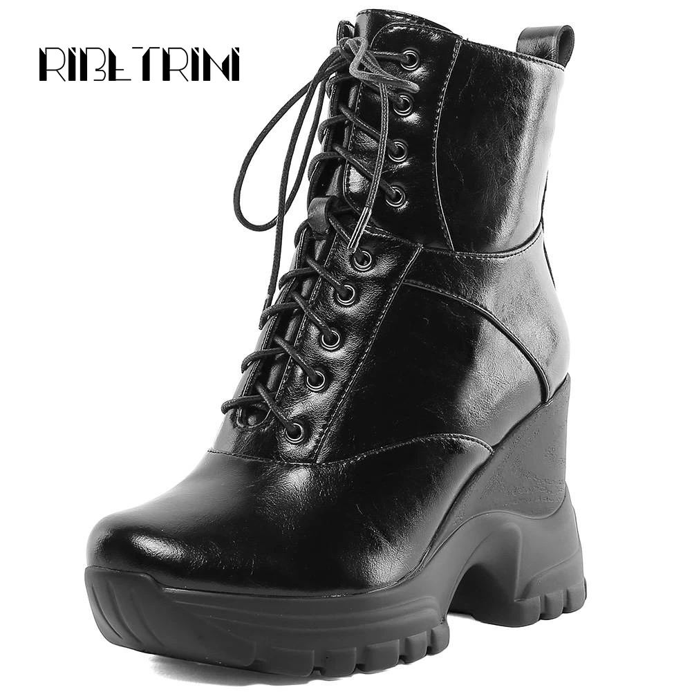 

RIBETRINI High Top Lace Up High Heel Wedges Rubber Sole Platform Chelsea Style Ankle Boots For Women Autumn Shoes Big Size 34-42