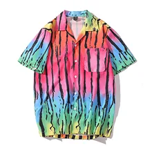 Chemise hawaïenne à rayures arc en ciel Pour Hommes, chemisier à manches courtes et col rabattu, été, 2021