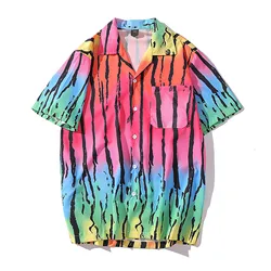 2021 dos homens do arco íris listrado havaiano camisas verão manga curta botão turn down collar camisa blusa topos químicos pour hommes