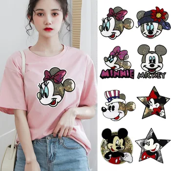 Parches de Mickey y Minnie de Disney para ropa, ropa bordada con dibujos animados, tela DIY, parches de costura para ropa, parche bonito de Anime de moda